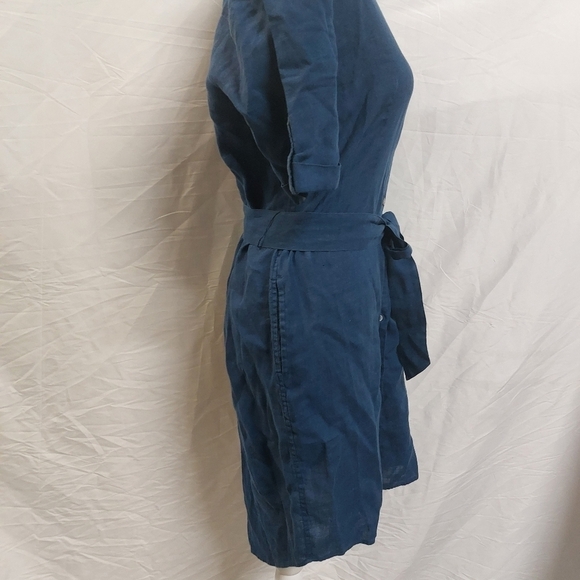 UNTUCKit her short sleeve navy 100% linen midi dress nancy button dress belt 2 - Picture 7 of 16